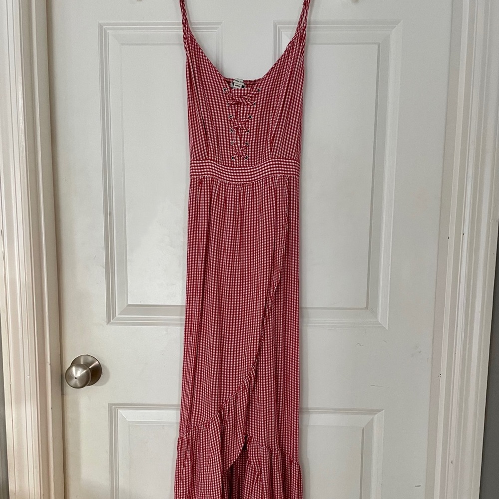 Red gingham ruffle dress